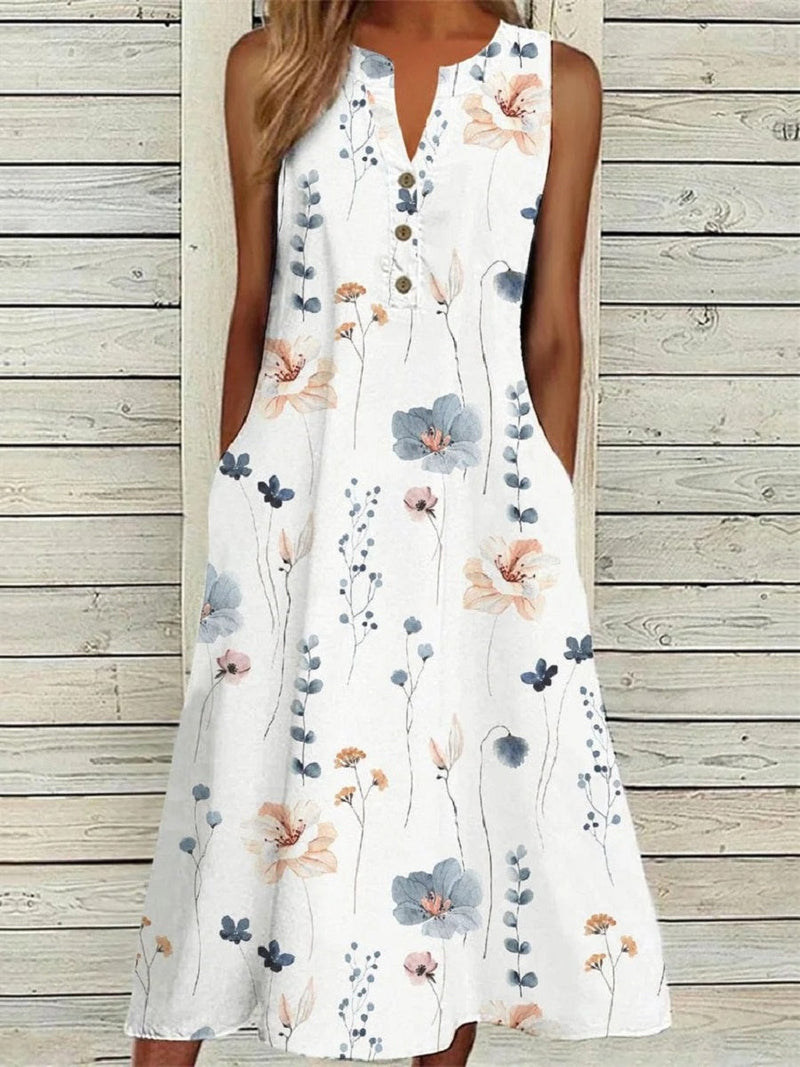 Sleeveless Floral Front-Button Casual A-Line Midi Dress for Women