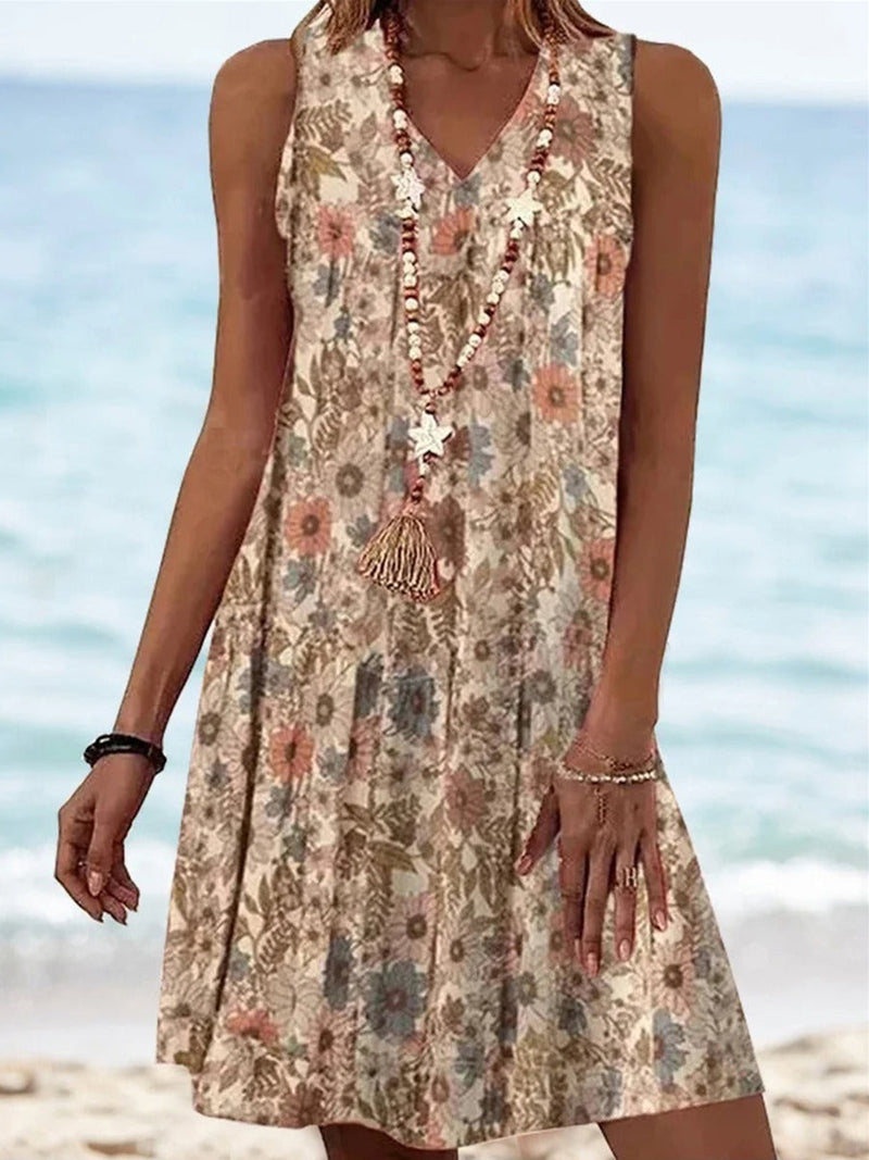 Vintage Floral Sleeveless V-Neck A-Line Summer Dress for Women