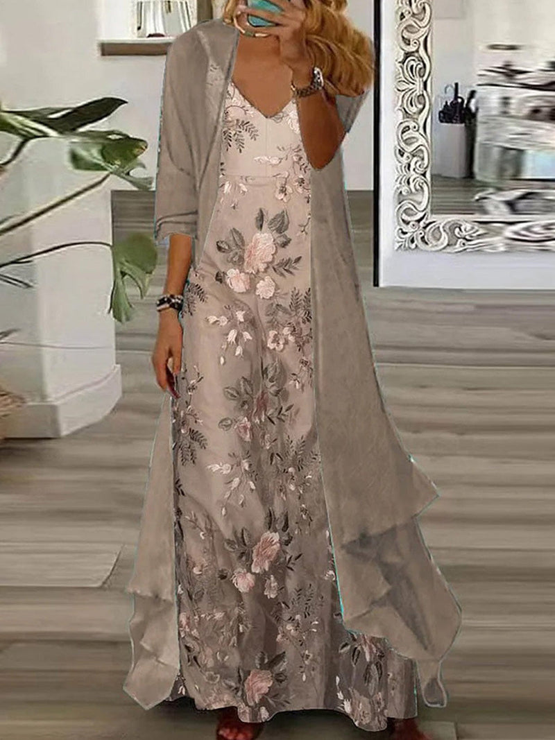 Elegant Floral Maxi Dress with Front-Open Layered Cardigan