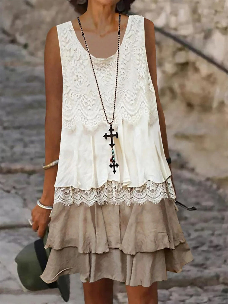 Sleeveless Lace Layered Ruffle Hem Casual Dress for Women