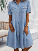 Casual Cotton Button-Down Short Sleeve Shirt Dress for Women