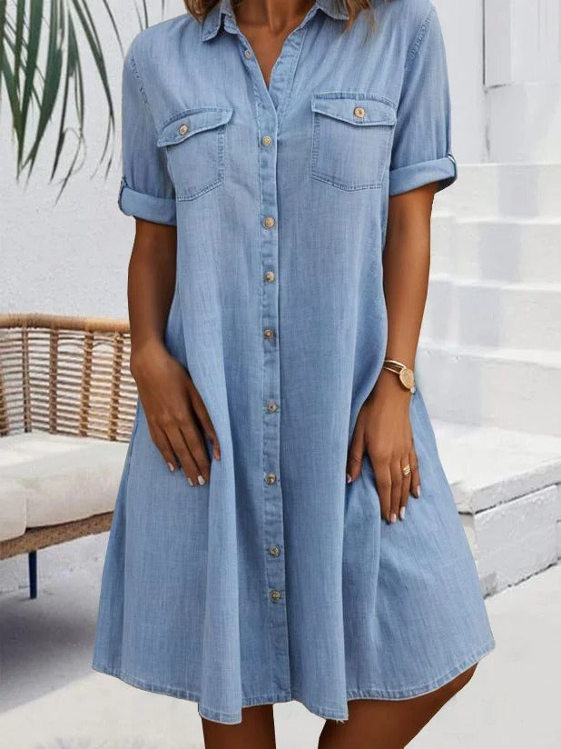 Casual Cotton Button-Down Short Sleeve Shirt Dress for Women
