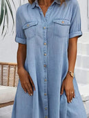 Casual Cotton Button-Down Short Sleeve Shirt Dress for Women