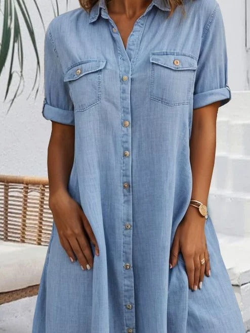 Casual Cotton Button-Down Short Sleeve Shirt Dress for Women
