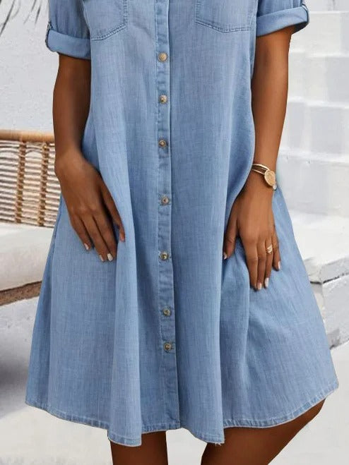 Casual Cotton Button-Down Short Sleeve Shirt Dress for Women