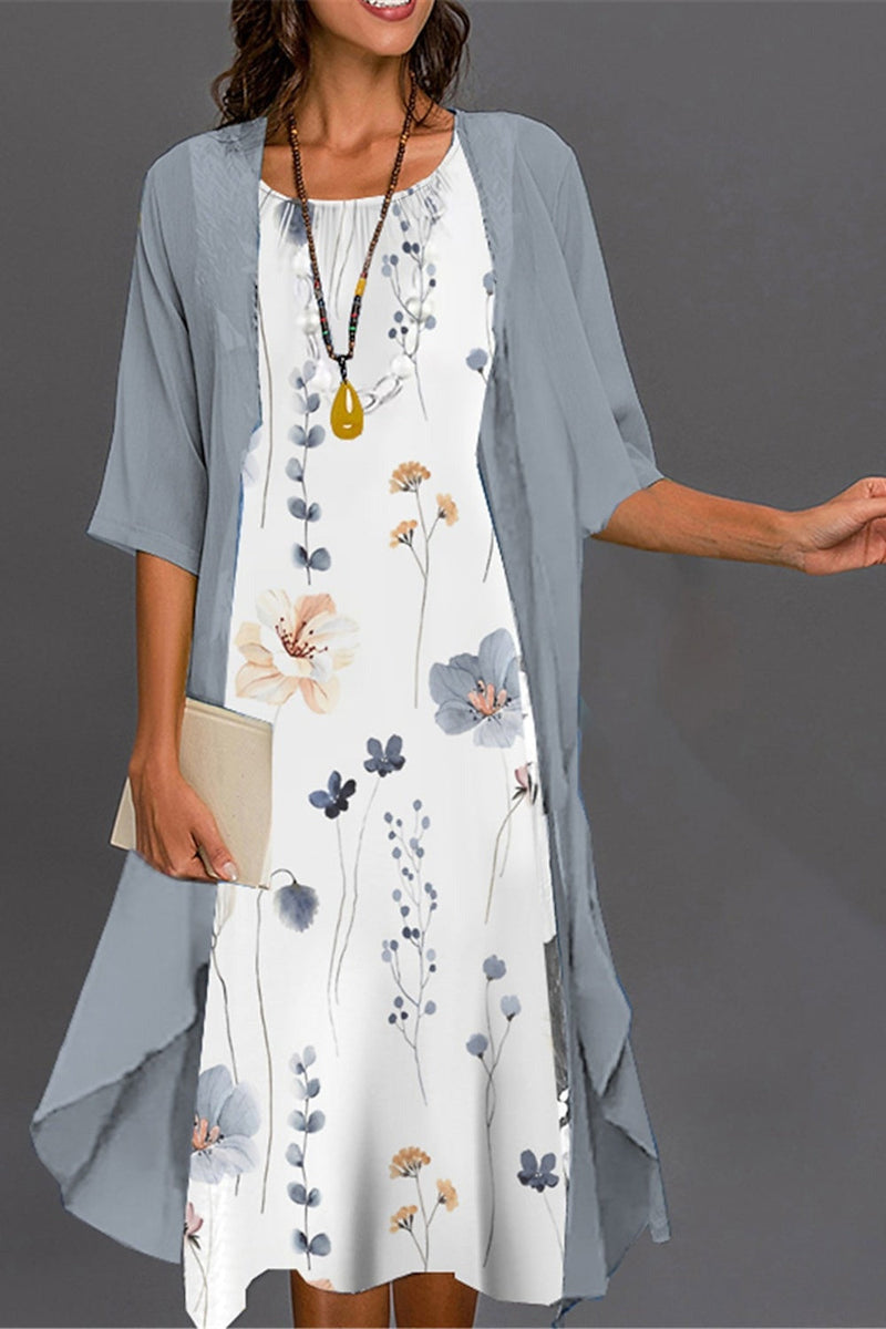 Floral Print Layered Midi Dress with Light Cardigan Two-Piece Set for Women