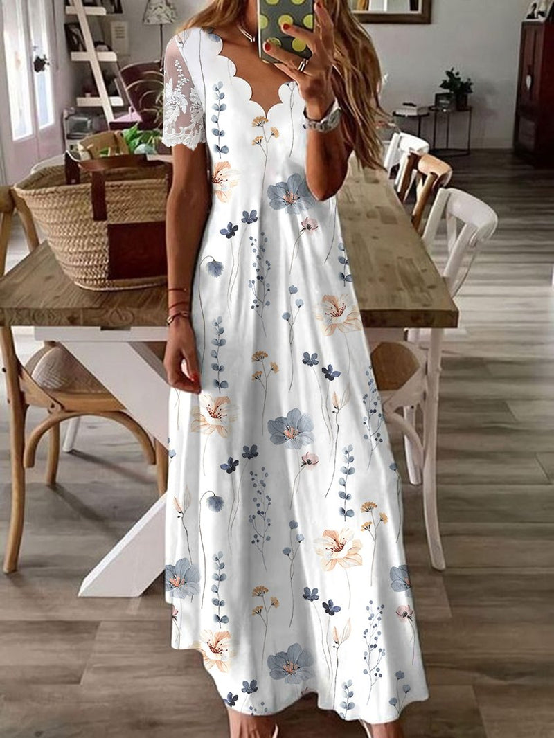 Scalloped V-Neck Floral Print Lace Sleeve Maxi Dress for Women