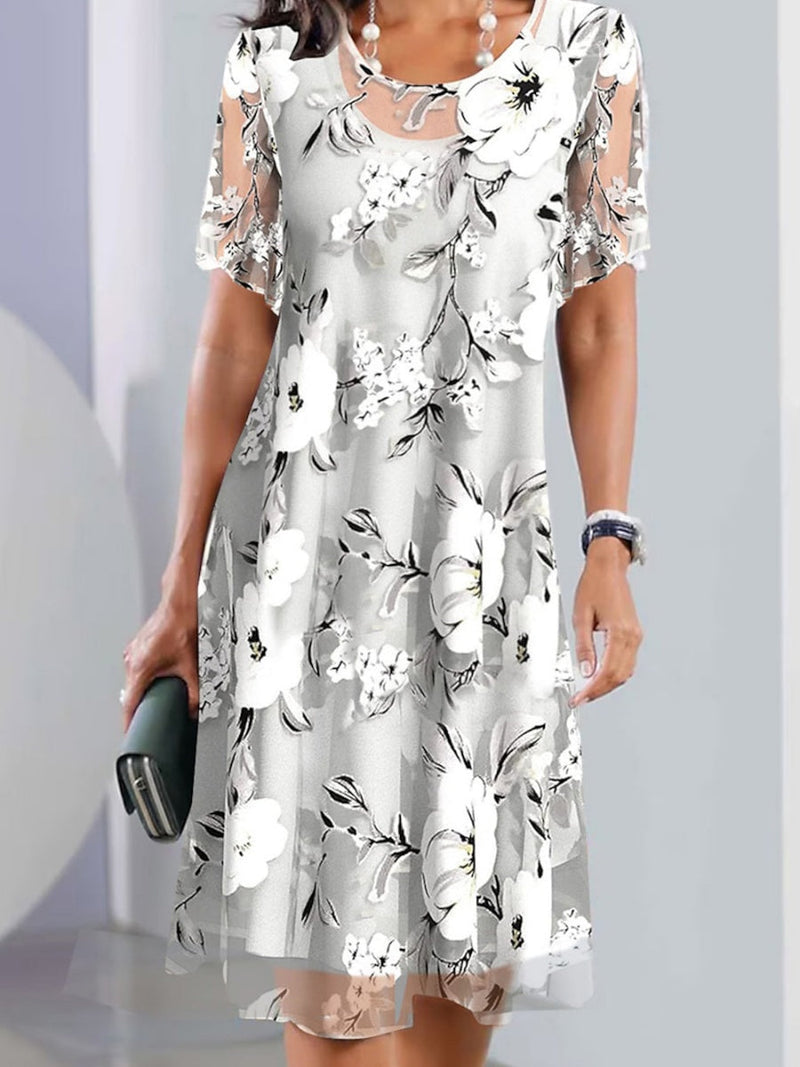 Floral Print Mesh Sleeve A-Line Midi Dress for Women