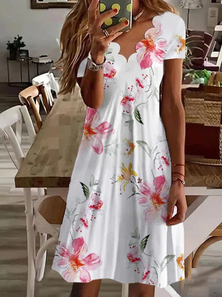 Scallop Neck Floral Print Short Sleeve A-Line Summer Dress for Women