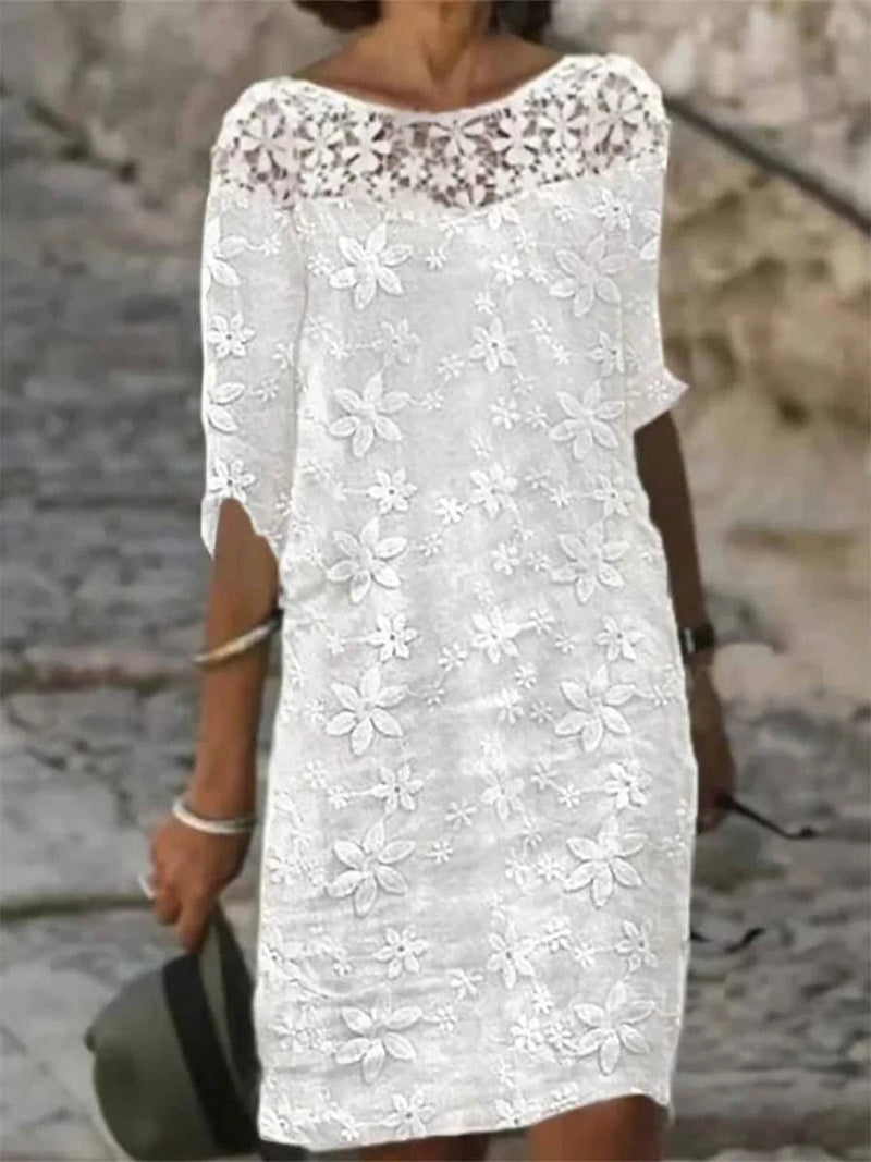 Floral Lace 3/4 Sleeve Casual Shift Dress for Women