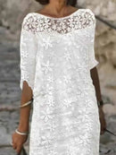 Floral Lace 3/4 Sleeve Casual Shift Dress for Women