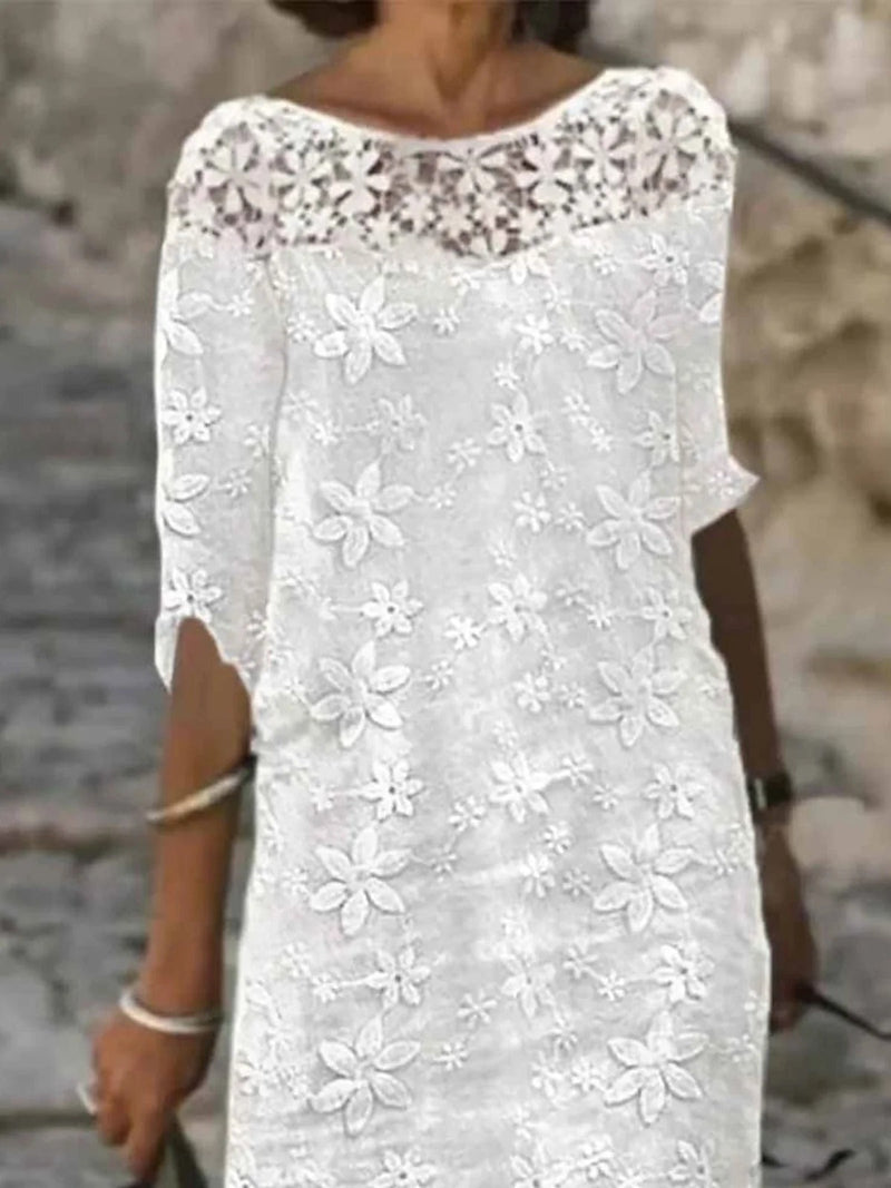 Floral Lace 3/4 Sleeve Casual Shift Dress for Women