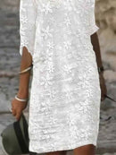 Floral Lace 3/4 Sleeve Casual Shift Dress for Women