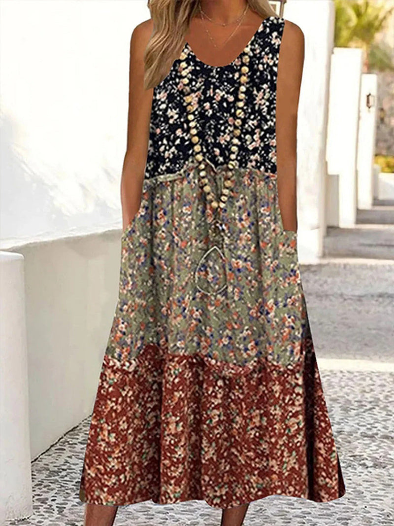 Sleeveless Patchwork Floral Print Casual Midi Dress with Pockets for Women