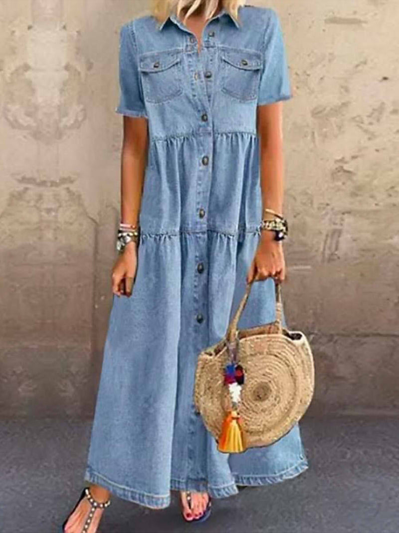 Denim Button-Down Short Sleeve Maxi Dress with Pockets for Women