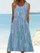 Sleeveless Blue Floral Print Casual Maxi Dress with Pockets for Women