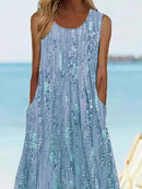 Sleeveless Blue Floral Print Casual Maxi Dress with Pockets for Women