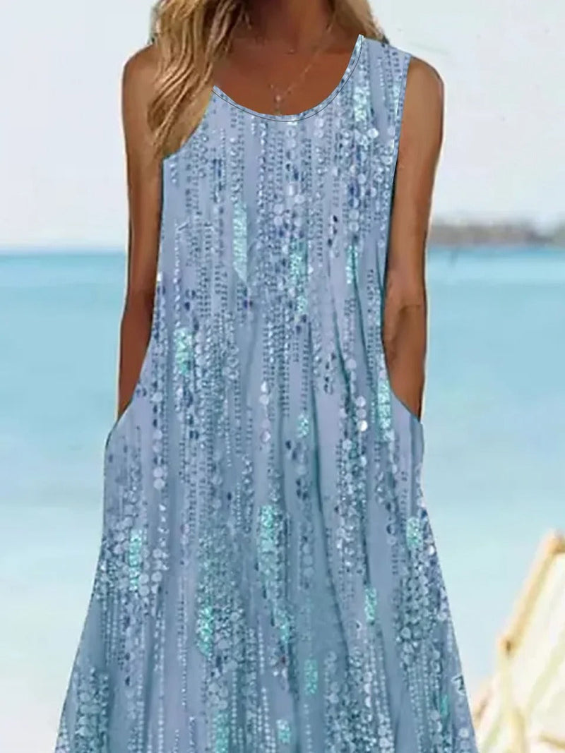 Sleeveless Blue Floral Print Casual Maxi Dress with Pockets for Women