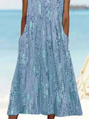 Sleeveless Blue Floral Print Casual Maxi Dress with Pockets for Women