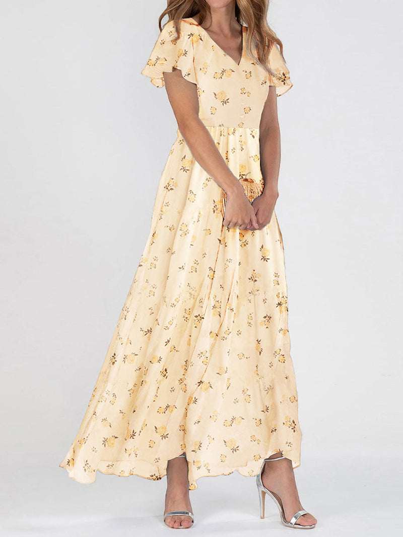 Floral Flutter Sleeve V-Neck Maxi Dress for Women