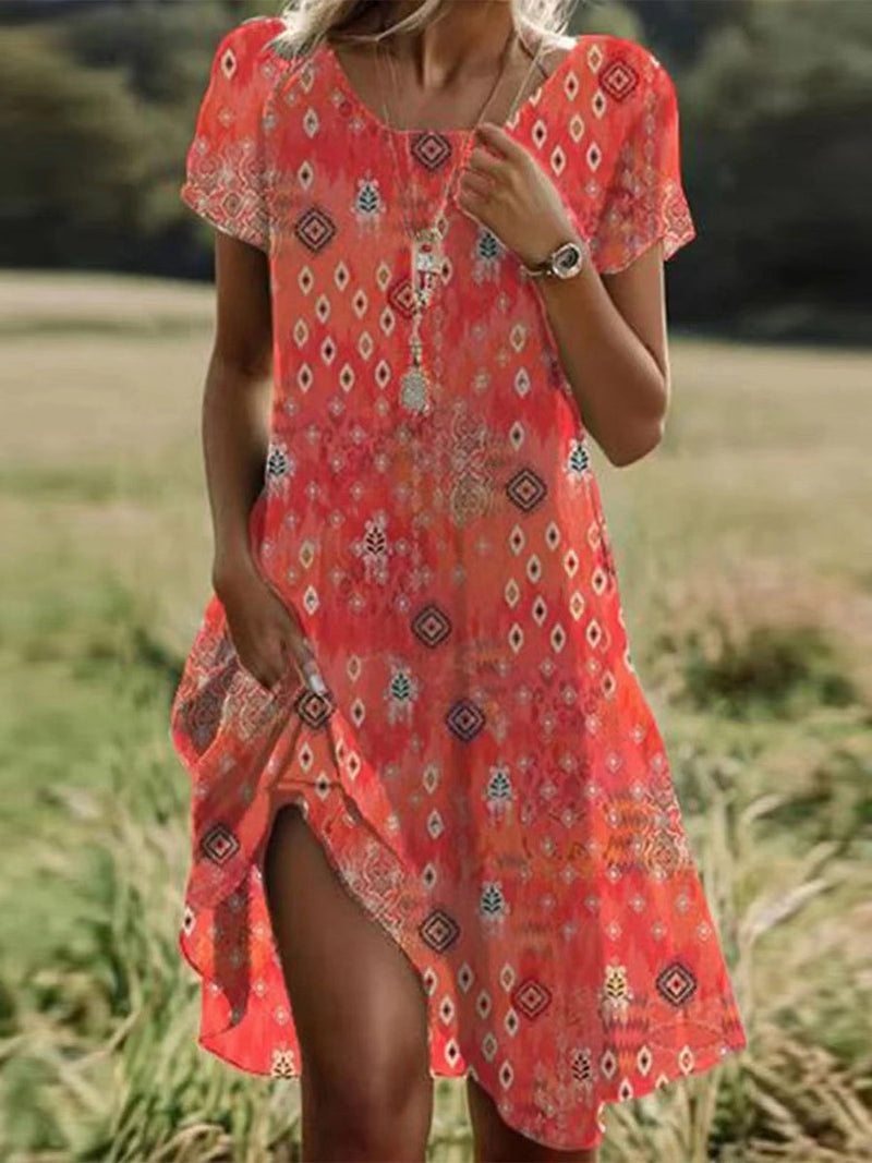 Boho Geometric Print Short Sleeve Casual Summer Dress for Women