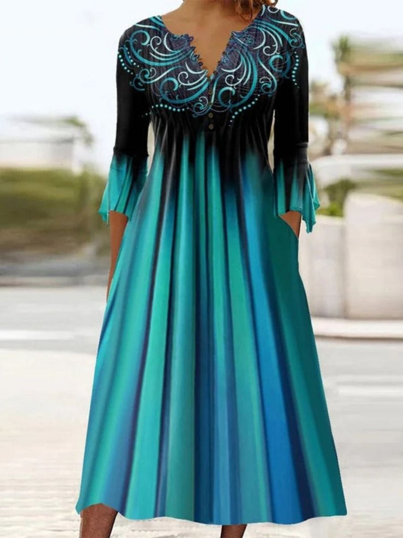 Gradient V-Neck 3/4 Sleeve A-Line Midi Dress for Women