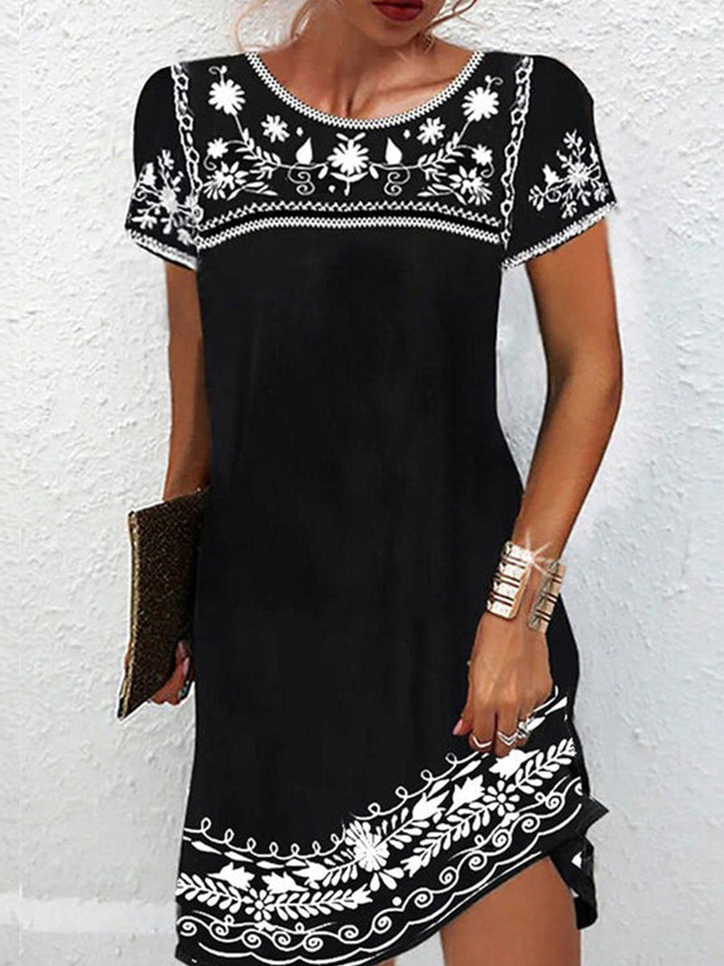 Boho Floral Embroidered Black Short Sleeve Dress for Women