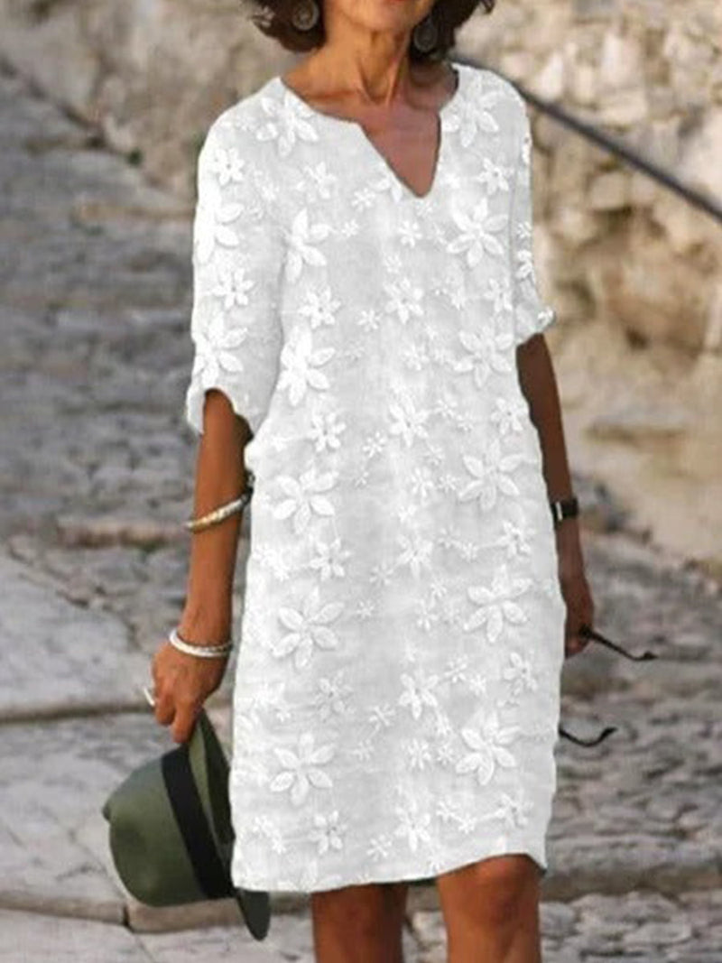 White Floral Lace V-Neck Half Sleeve Shift Dress for Women