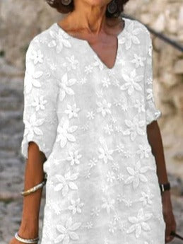 White Floral Lace V-Neck Half Sleeve Shift Dress for Women
