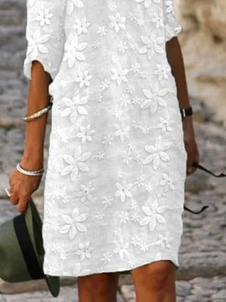 White Floral Lace V-Neck Half Sleeve Shift Dress for Women