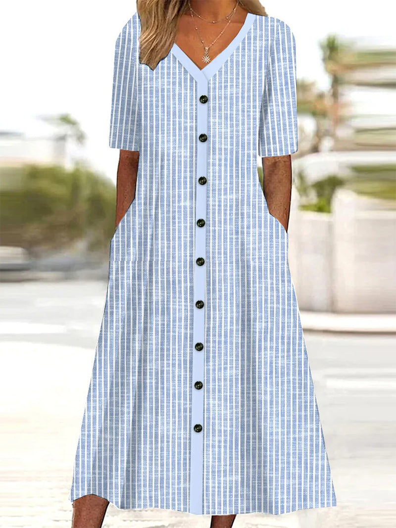 Casual V-Neck Short Sleeve Striped Button-Down Midi Dress with Pockets for Women