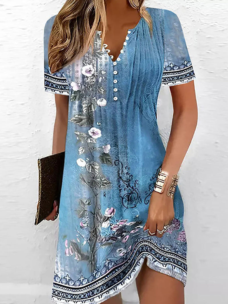 Floral Print V-Neck Short Sleeve Boho Mini Dress for Women
