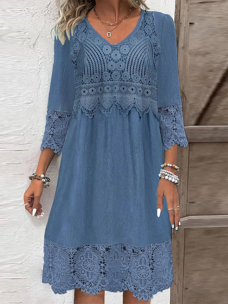 Vintage Lace Panel V-Neck 3/4 Sleeve Relaxed Midi Dress for Women