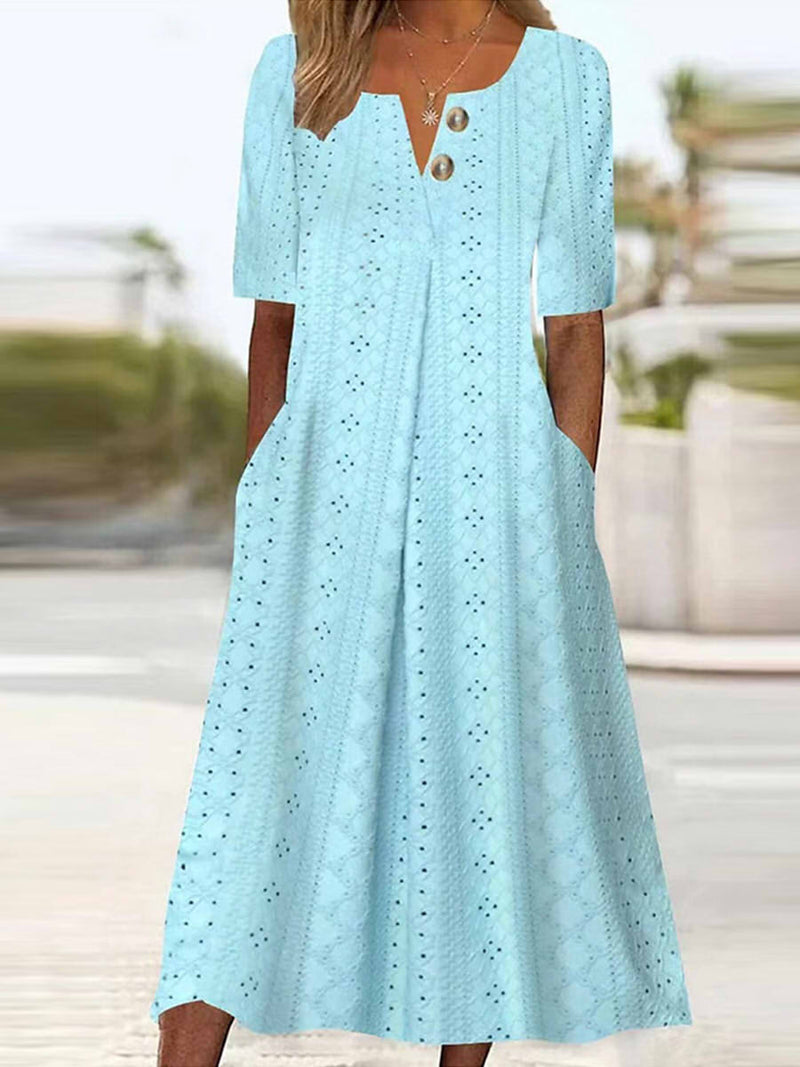 Casual Eyelet Short Sleeve Midi Dress with Pockets for Women