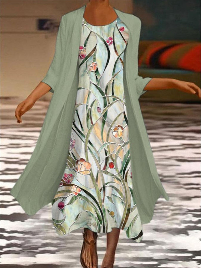 Women's Floral Print Two-Piece Maxi Dress with Outerwear