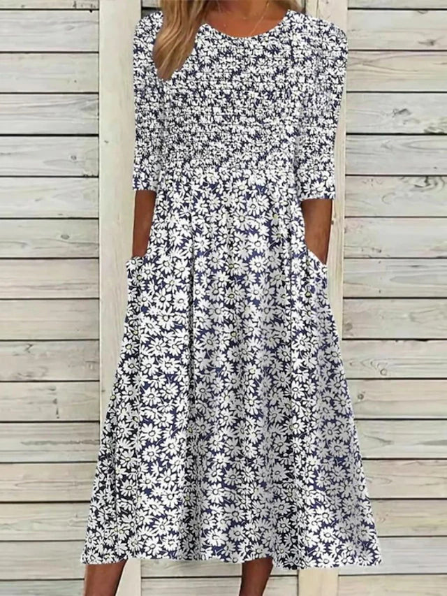 Women's Half Sleeve Smocked Floral Midi Dress with Pockets