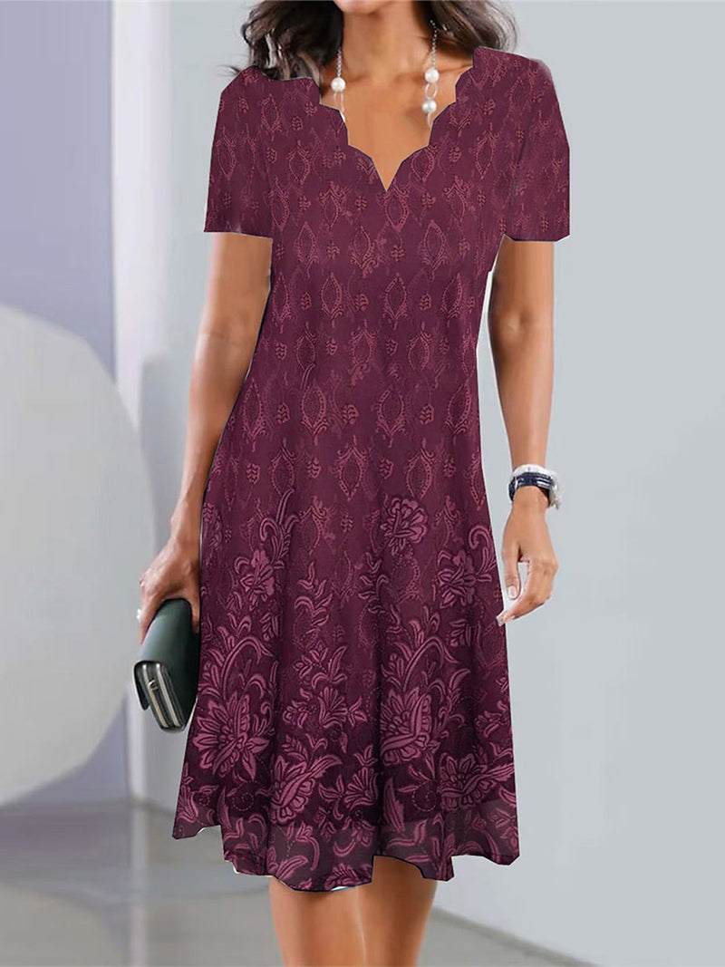 Women's Paisley Floral Short Sleeve A-Line Midi Dress