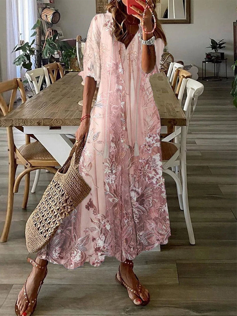 loose sleeve maxi dress Women Boho Tie Up Front Maxi Dress Floral Flowy A Line Puff Sleeve Long Sundress Beach Vacation Loose Tunic Midi Dress (Beige, S) at Amazon Women's Clothing store