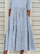 Women's Striped Half Sleeve Loose Fit Midi Dress with Pockets