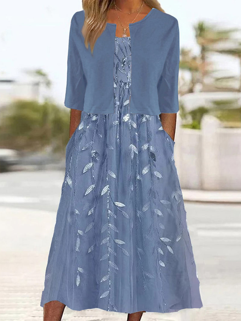 Leaves Embroidery Pockets Comfy Two-Piece Maxi Dress