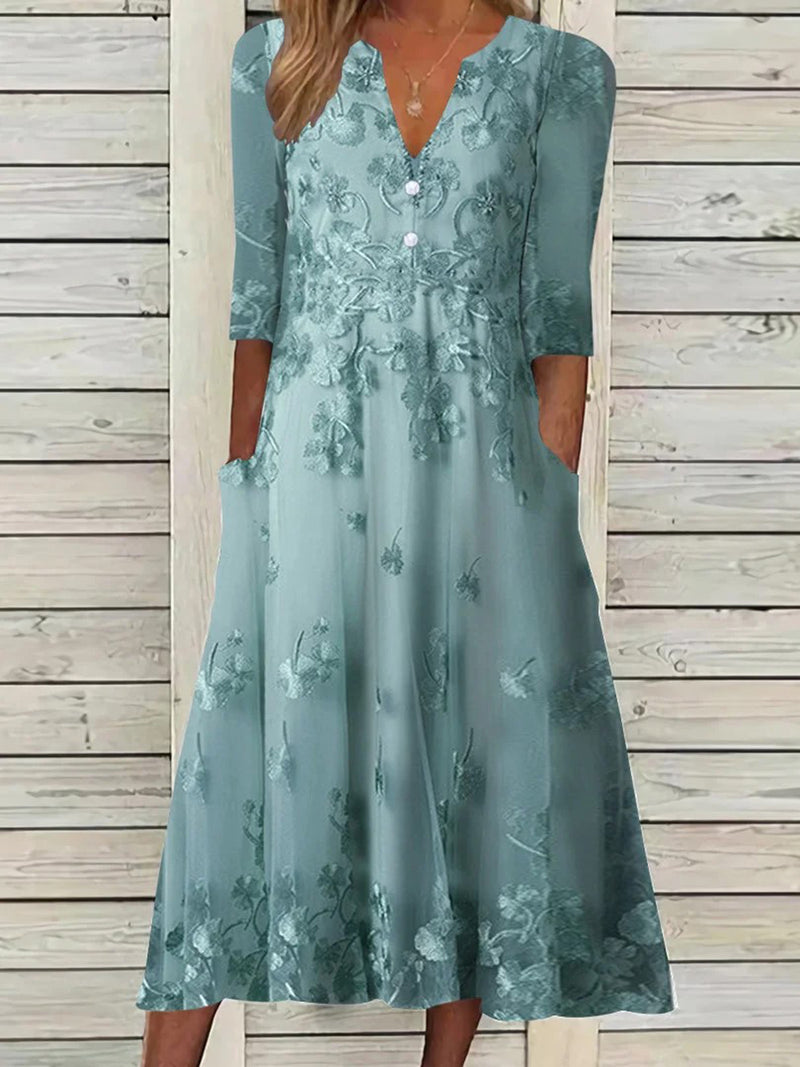 Green Floral V-neck Half Sleeve Pockets Comfy Midi Dress