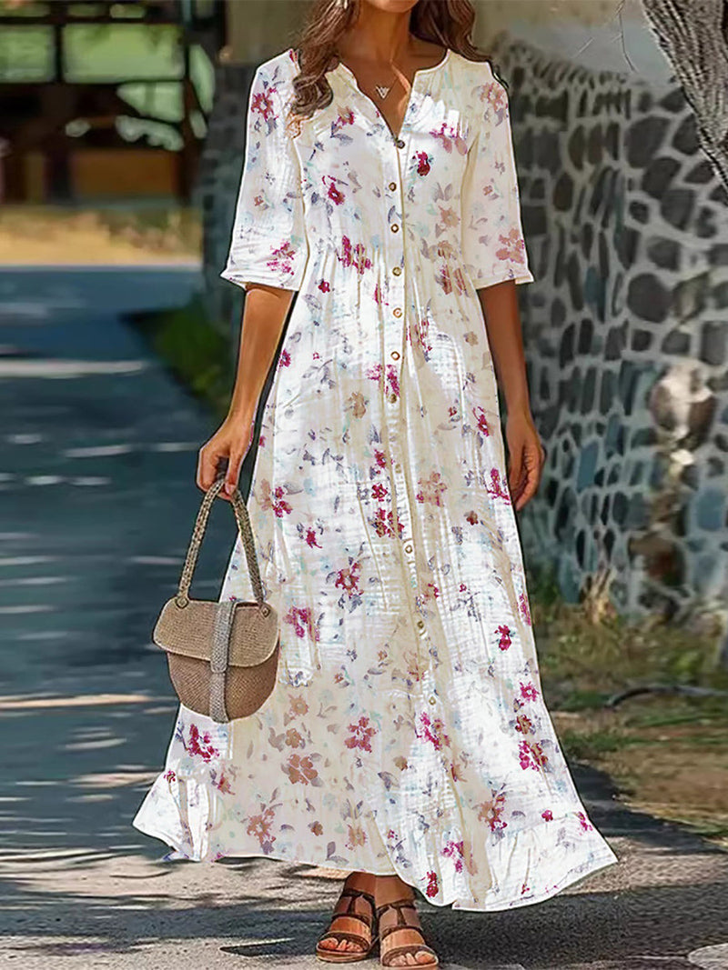 Women's Elegant Floral Half Sleeve Button Front Maxi Dress