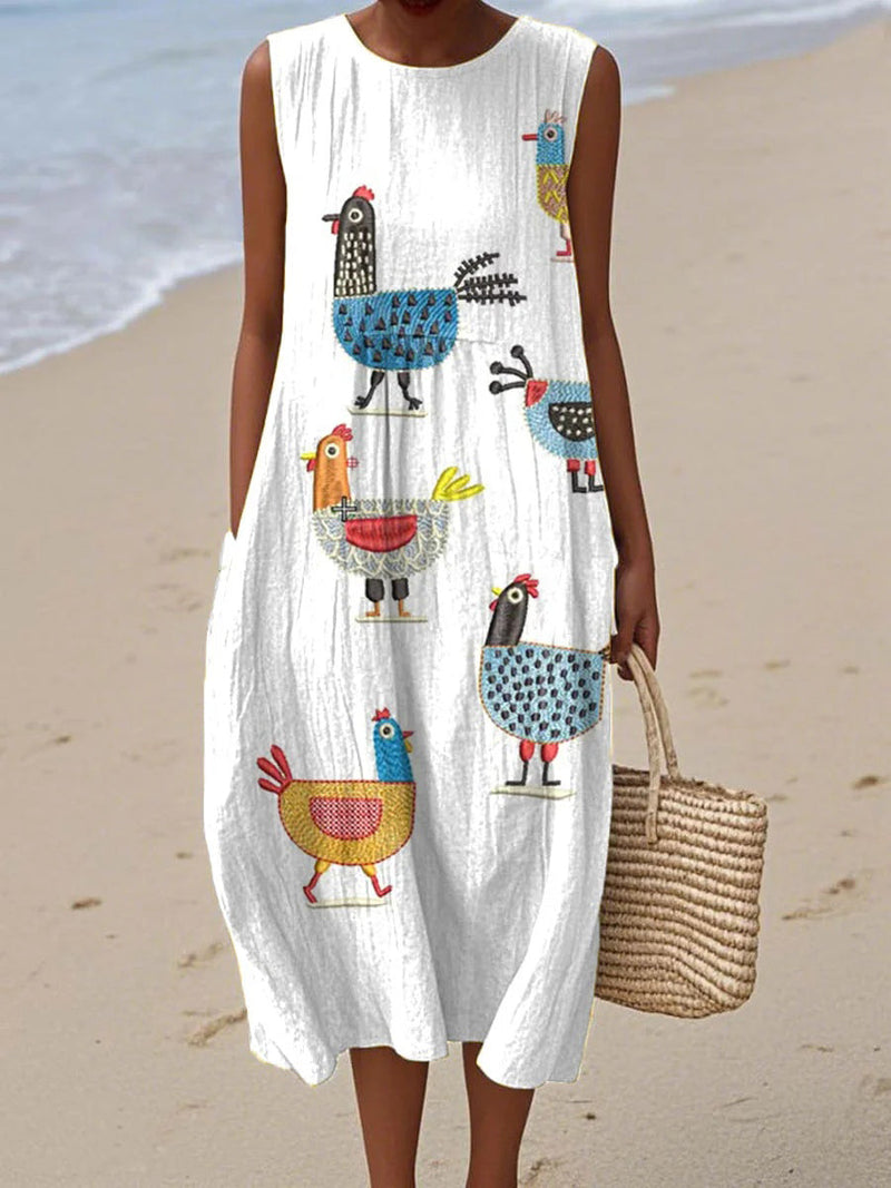Women's Fun Chicken Print Sleeveless Midi Dress