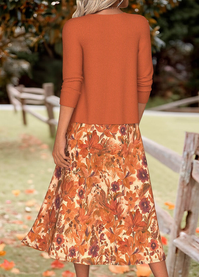 Elegant Orange Floral Print Midi Dress with Matching Long Sleeve Cardigan