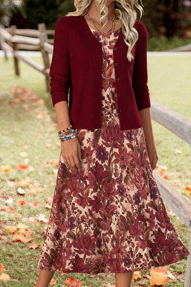 Elegant Orange Floral Print Midi Dress with Matching Long Sleeve Cardigan