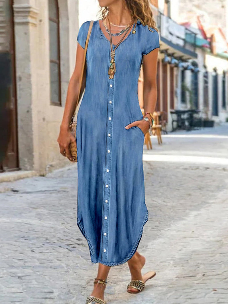 Casual Sweetheart Short Sleeve Denim Button Pocket Maxi Dress