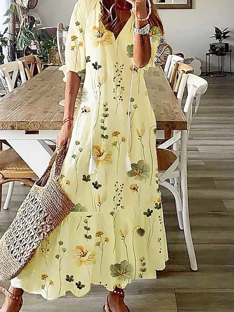 Women's Floral Print V-Neck Half Sleeve Casual Maxi Dress