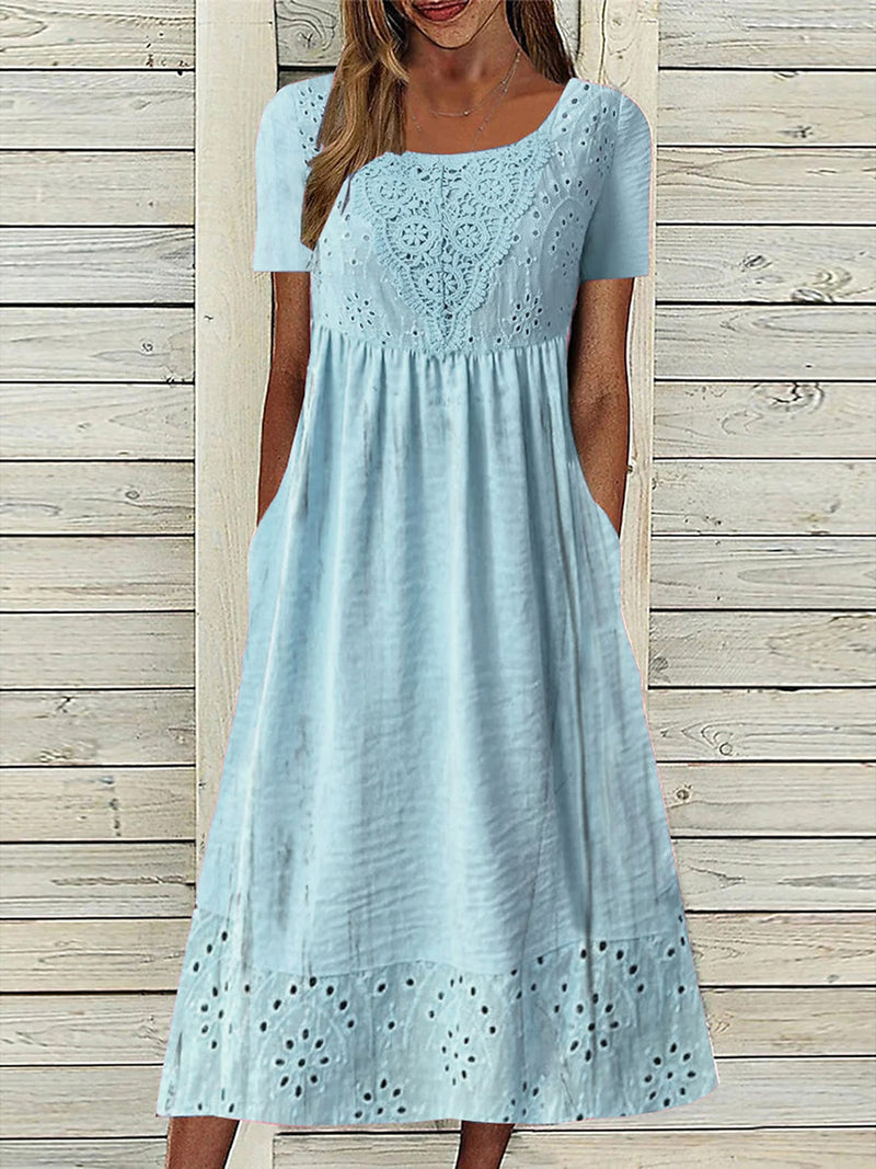 Casual Crew Neck Short Sleeve Lace Cotton Linen Dress