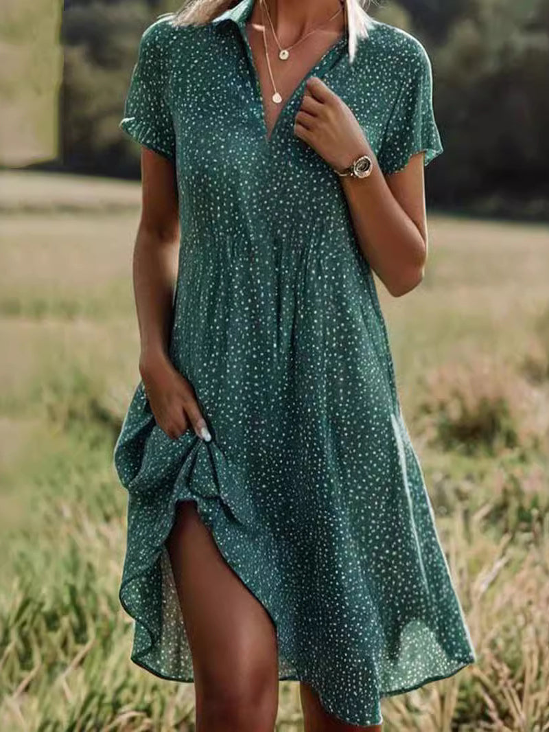 Fashion Casual Polka Dot Shirt Collar Short Sleeve Midi Dress