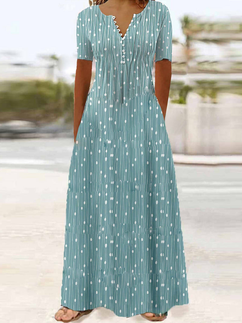 Women's Casual Polka Dot Button-Front Short Sleeve Maxi Dress